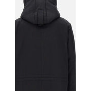Peuterey Herrenblazer, schwarze Wollmischung, Herbst-Winter-Jacke mit schwarzem Kapuzenparka, mit Mittelnaht und Ziernähten