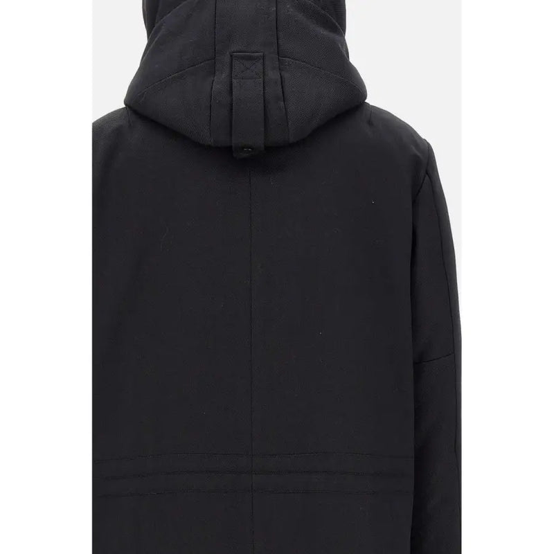 Peuterey Herrenblazer, schwarze Wollmischung, Herbst-Winter-Jacke mit schwarzem Kapuzenparka, mit Mittelnaht und Ziernähten