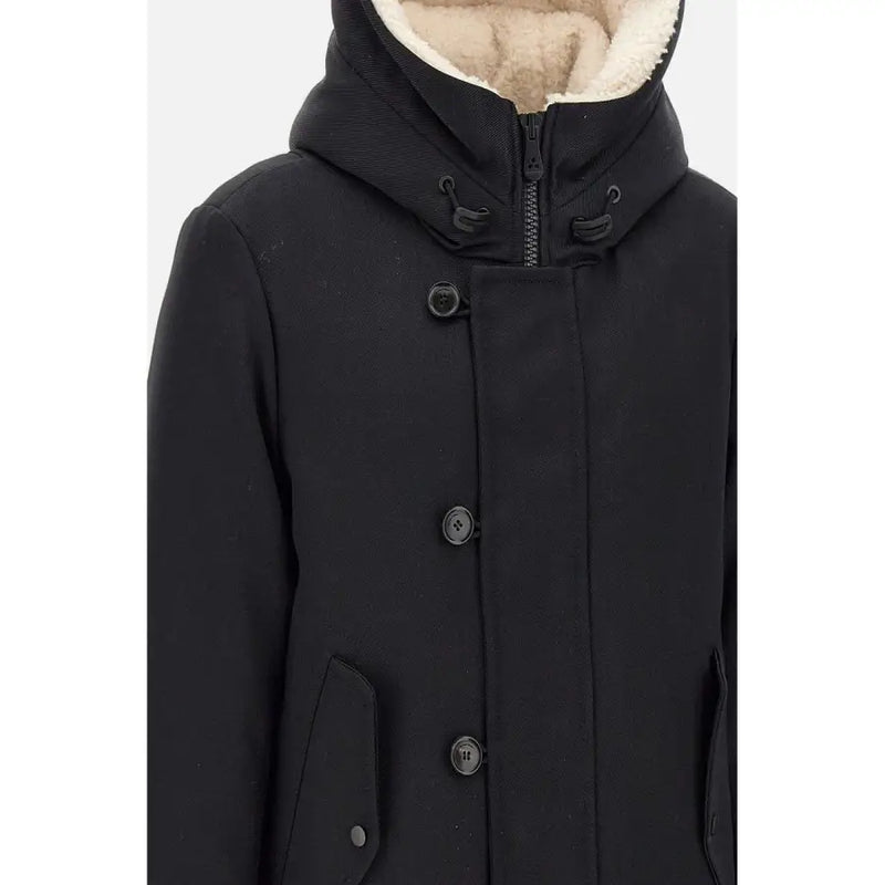 Peuterey Herrenblazer, schwarze Winterjacke aus Wollmischung mit weichem beigefarbenem Futter und dunklen Knöpfen für Herbst und Winter