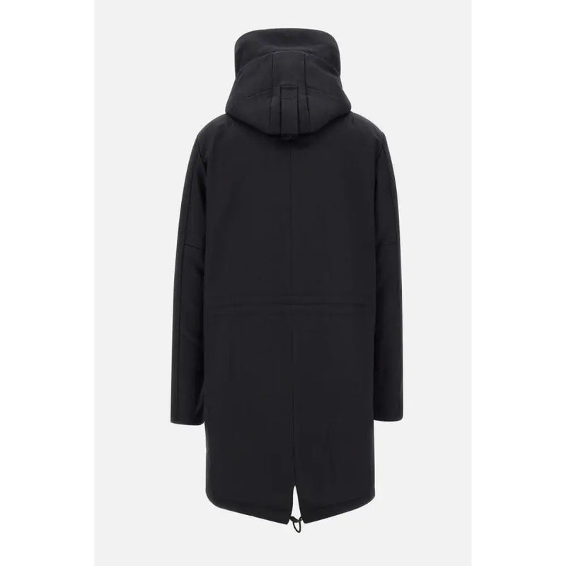 Peuterey Herrenblazer, schwarze Winterjacke aus Wollmischung mit Kapuze und dezenten vertikalen Ziernähten