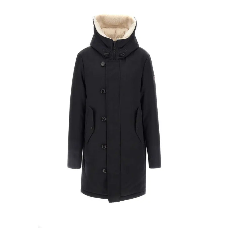 Peuterey Herrenblazer, schwarze Winterjacke aus Wollmischung mit weich gefütterter, beigefarbener Kapuze und Knopfleiste vorne