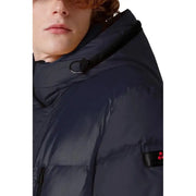 Peuterey men blue hooded polyamide jacket in dark navy with quilted design black trim and red sleeve accents