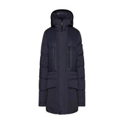 Navy blue puffer jacket with hood and multiple pockets, likely made of synthetic material.