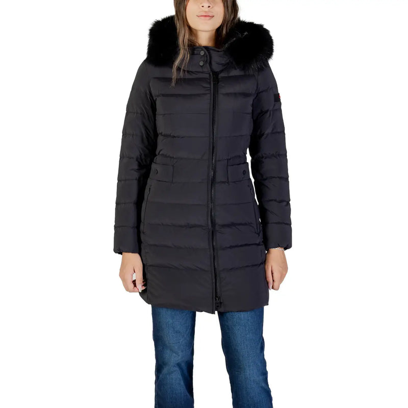 Schwarze, lange Nylonjacke von Peuterey für Damen mit Kapuze, flauschig gefütterter Kapuze und gestepptem Design