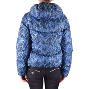 Peuterey Damen-Daunenjacke mit blau-schwarzem Schlangenmuster und Kapuze, geeignet für kaltes Wetter