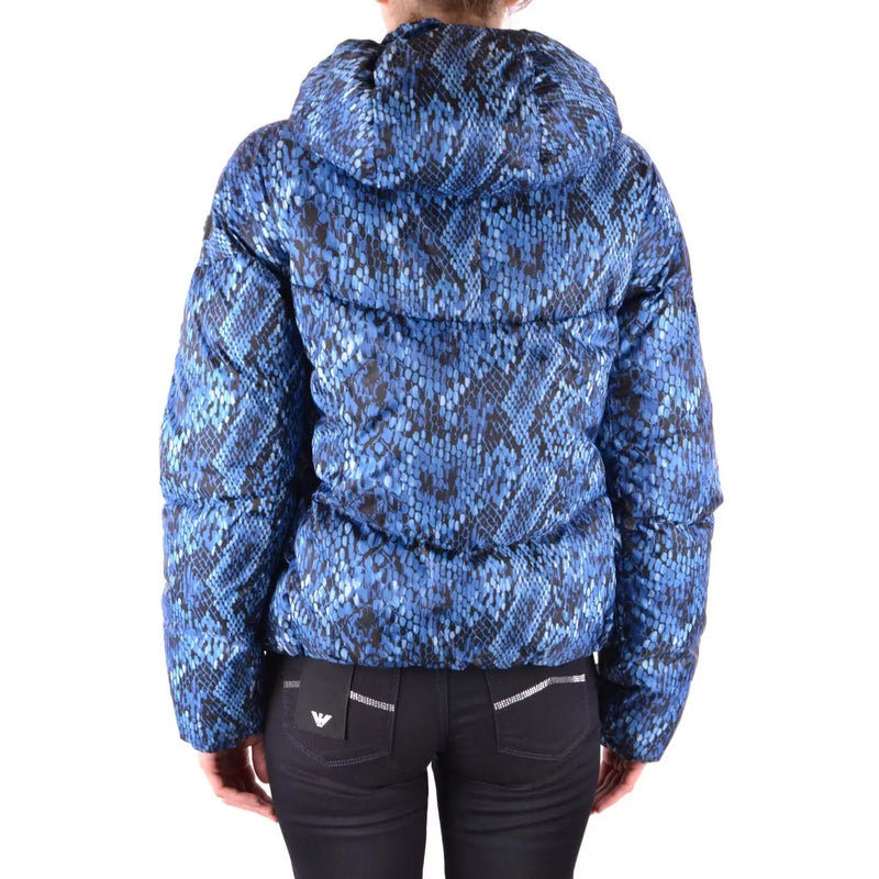 Peuterey Damen-Daunenjacke mit blau-schwarzem Schlangenmuster und Kapuze, geeignet für kaltes Wetter