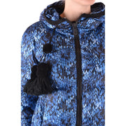 Peuterey Damen-Daunenjacke mit blau-schwarzem Schlangenmuster, Kapuze, schwarzem Reißverschluss und Kordelzügen mit Bommel