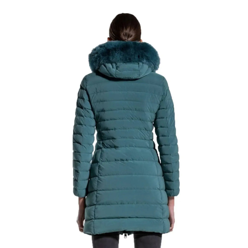 Türkisfarbene Steppdaunenjacke von Peuterey für Damen mit flauschig gefütterter Kapuze aus Polyamid für kaltes Wetter