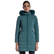 Türkisfarbene Damen-Kapuzenjacke von Peuterey aus Polyamid mit gestepptem Design und pelzgefütterter Kapuze