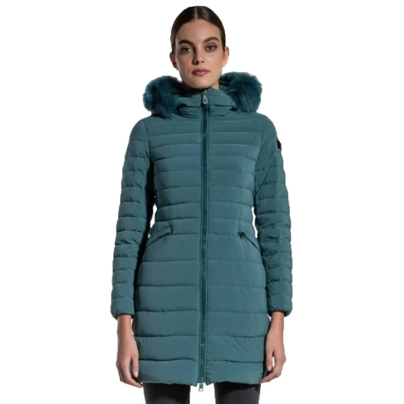 Türkisfarbene Damen-Kapuzenjacke von Peuterey aus Polyamid mit gestepptem Design und pelzgefütterter Kapuze