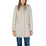 Beige Peuterey women white blazer zip hood trench coat in polyamide with sleek design and subtle black cuff trim