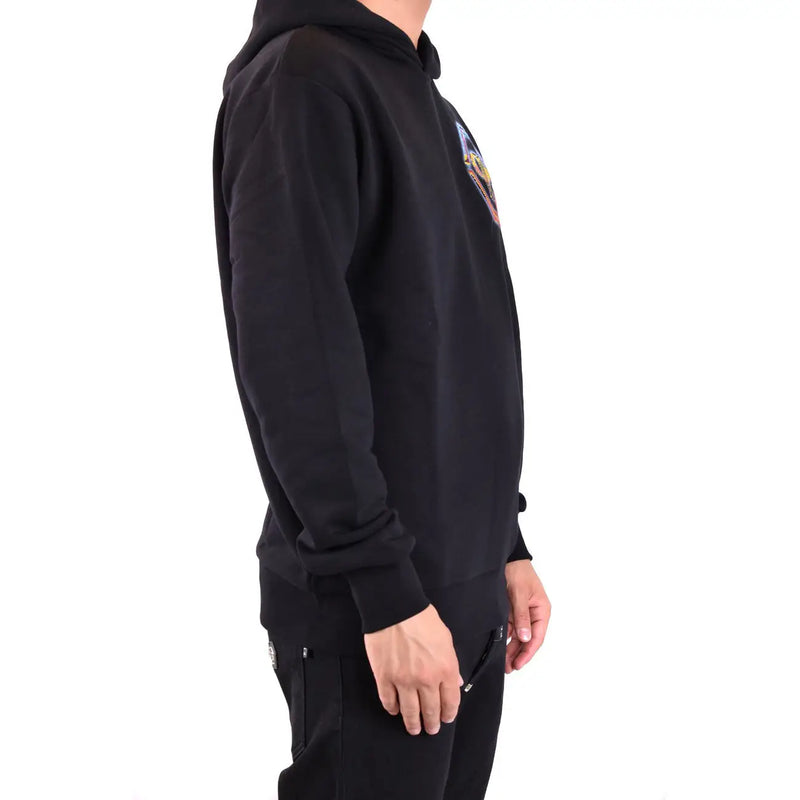 Schwarzer Kapuzenpullover von Philipp Plein für Herren aus Baumwolle mit farbenfrohem Grafikaufnäher auf der linken Brustseite.