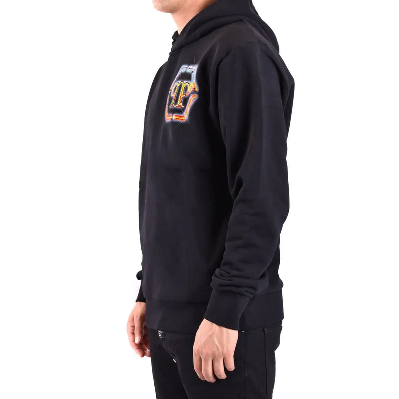 Schwarzer Herren-Hoodie von Philipp Plein aus Baumwolle mit einem auffälligen, farbenfrohen, gestickten Logo auf der Brust