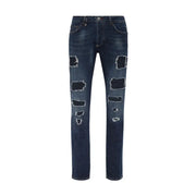 Philipp Plein Herren-Jeans in Blau mit Rissen und mehreren Used-Look-Flicken aus Baumwolle.