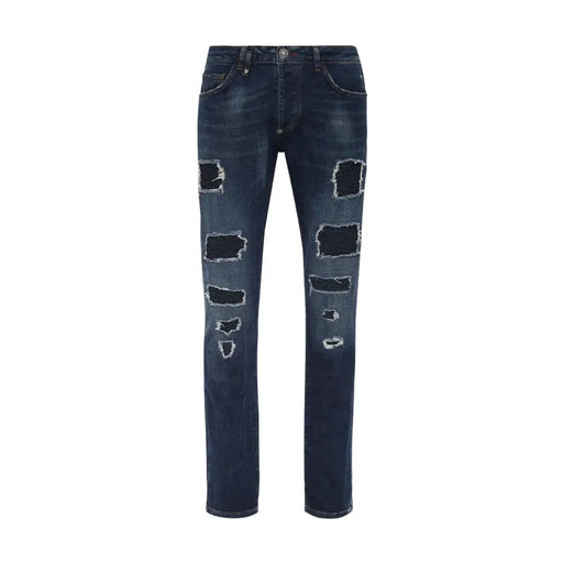 Philipp Plein Herren-Jeans in Blau mit Rissen und mehreren Used-Look-Flicken aus Baumwolle.