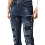 Philipp Plein Herren-Jeans aus blauem, zerrissenem Denim mit ausgefransten Kanten und schwarzen Stoffeinsätzen, Baumwollmaterial