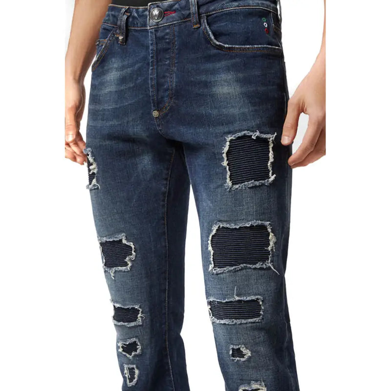Philipp Plein Herren-Jeans aus blauem, zerrissenem Denim mit ausgefransten Kanten und schwarzen Stoffeinsätzen, Baumwollmaterial