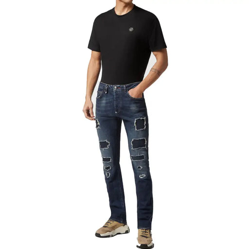 Philipp Plein Herren-Jeans aus blauer Baumwolle mit Rissen im Used-Look, dunkelblauen, abgenutzten Flicken und gesticktem Logo