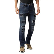 Philipp Plein Herren-Jeans aus blauer Baumwolle mit Used-Look, mehreren Rissen und abgenutzten Stellen an den Beinen