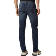 Dark blue slim fit philipp plein men ripped jeans with worn out effect cotton back side showing branded logo pocket