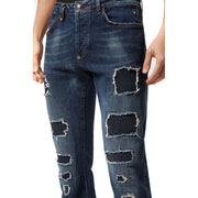 Philipp Plein men blue ripped distressed denim jeans with frayed edges and black fabric inserts cotton material