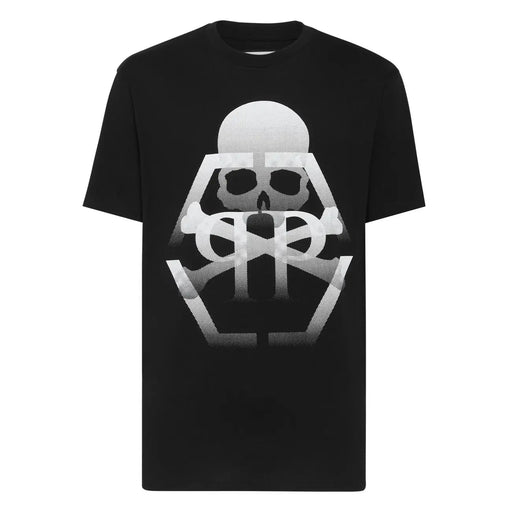 Black Philipp Plein men t-shirt with bold white gradient skull and crossbones graphic and halftone texture on front