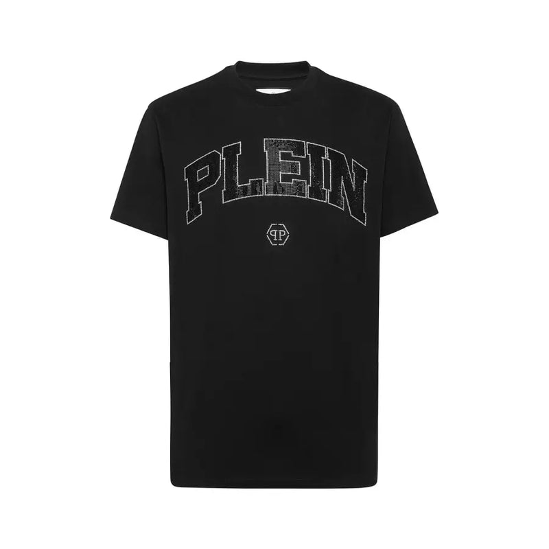 Schwarze Philipp Plein Männer t-shirt mit kurzen Ärmeln, die ein funkelndes Plein-Logo und ein kleines Markenemblem auf der Brust aufweisen.