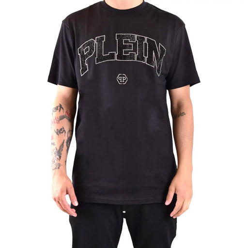 Black Philipp Plein men t-shirt with short sleeves and sparkling silver plein lettering and logo on the chest