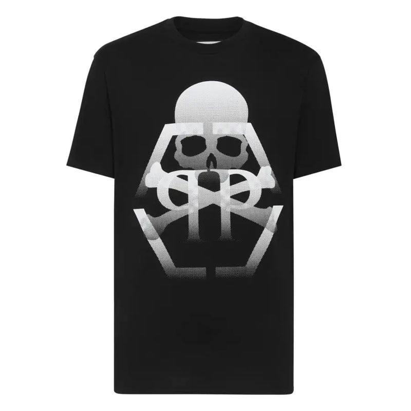 Schwarze Philipp Plein Männer t-shirt mit einem auffälligen weißen Totenkopf- und Knochenmuster im Farbverlauf und einer Halbtonstruktur auf der Vorderseite