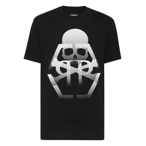 Schwarze Philipp Plein Männer t-shirt mit einem auffälligen weißen Totenkopf- und Knochenmuster im Farbverlauf und einer Halbtonstruktur auf der Vorderseite