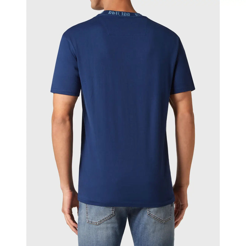 Navy blue Philipp Plein men short-sleeved t-shirt with subtle logo trim along the neckline in cotton fabric