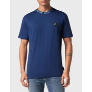 Navy blue Philipp Plein men t-shirt with white embroidered collar lettering and black hexagonal chest logo