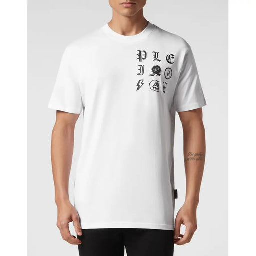 Weißes, kurzärmeliges Baumwollhemd t-shirt von Philipp Plein mit schwarzer gotischer Schrift und grafischen Symbolen auf der Brust