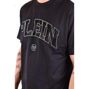 Philipp Plein Herren schwarz Kurzarm t-shirt mit kräftiger Plein-Schrift, umrandet von Strasssteinen, und einem kleinen weißen Logo darunter