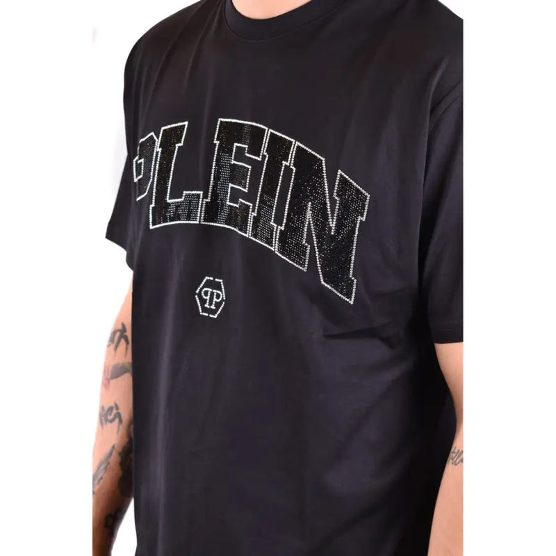 Philipp Plein Herren schwarz Kurzarm t-shirt mit kräftiger Plein-Schrift, umrandet von Strasssteinen, und einem kleinen weißen Logo darunter
