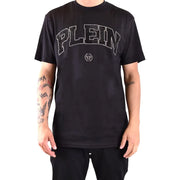 Schwarze Philipp Plein Männer t-shirt mit kurzen Ärmeln und funkelnder silberner Plein-Schrift und Logo auf der Brust