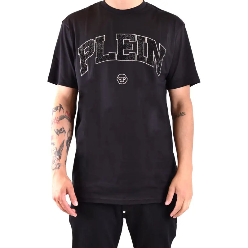 Schwarze Philipp Plein Männer t-shirt mit kurzen Ärmeln und funkelnder silberner Plein-Schrift und Logo auf der Brust