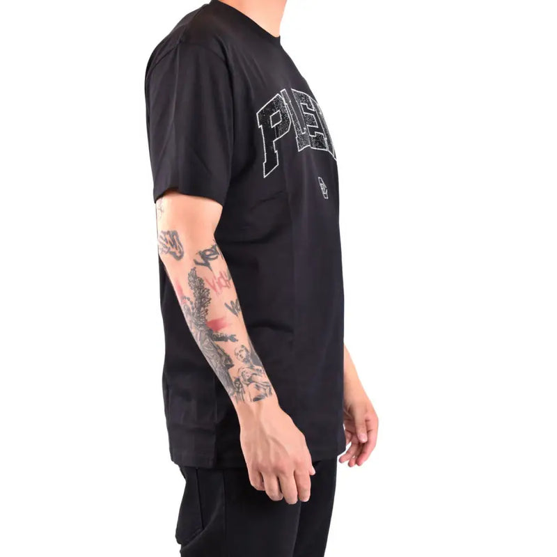 Schwarze Philipp Plein Männer t-shirt mit kurzen Ärmeln und einem dezenten weißen PE-Print auf der Brust