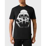 Schwarzes kurzärmeliges Herrenhemd von Philipp Plein t-shirt mit einem auffälligen weißen Totenkopf- und Knochenverlaufsmotiv auf der Vorderseite
