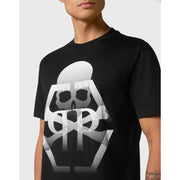 Schwarzes, kurzärmeliges Baumwollhemd von Philipp Plein für Herren t-shirt mit einer markanten weißen Halbtongrafik mit Totenkopf und gekreuzten Knochen