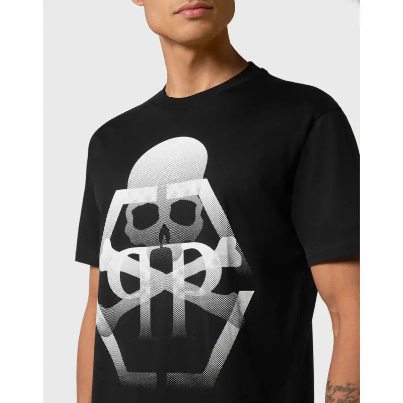 Schwarzes, kurzärmeliges Baumwollhemd von Philipp Plein für Herren t-shirt mit einer markanten weißen Halbtongrafik mit Totenkopf und gekreuzten Knochen