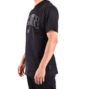 Philipp Plein Herren schwarz Kurzarm t-shirt mit abgenutzter weißer Liniengrafik und kleinem Logo auf der linken Brust