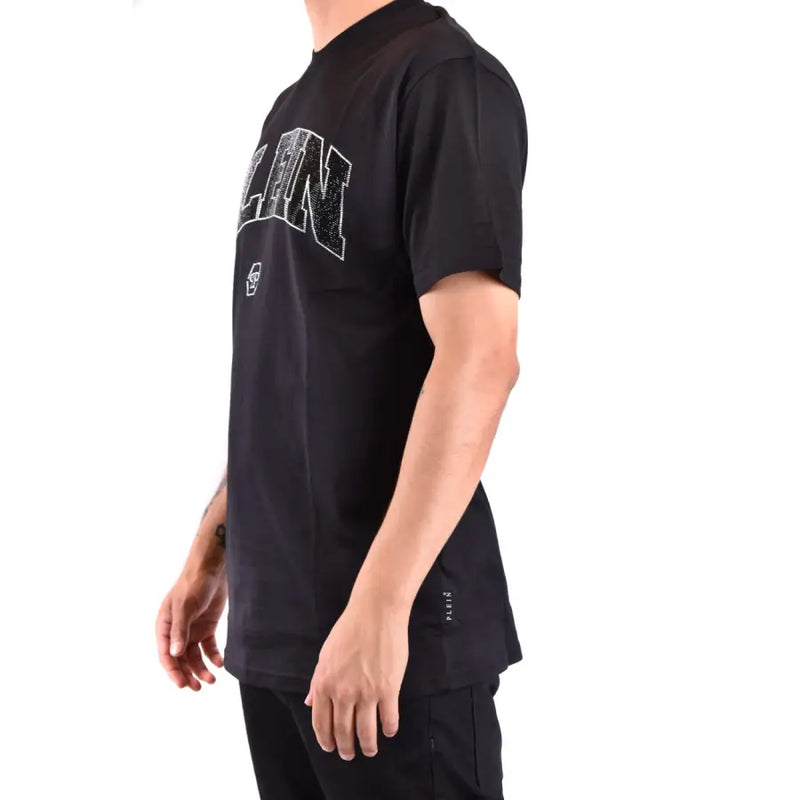 Philipp Plein Herren schwarz Kurzarm t-shirt mit abgenutzter weißer Liniengrafik und kleinem Logo auf der linken Brust