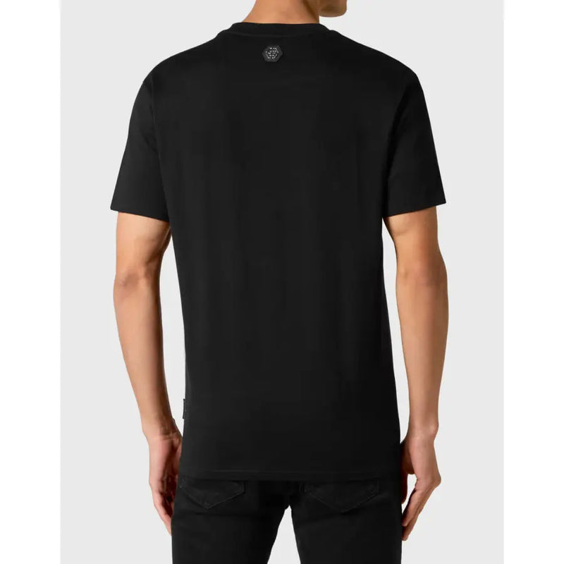 Schwarzes Philipp Plein Herren-Kurzarmshirt t-shirt mit einem dezenten sechseckigen Logo am Halsausschnitt