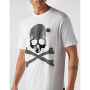Philipp Plein men white short-sleeved t-shirt with bold black textured skull and crossbones graphic design