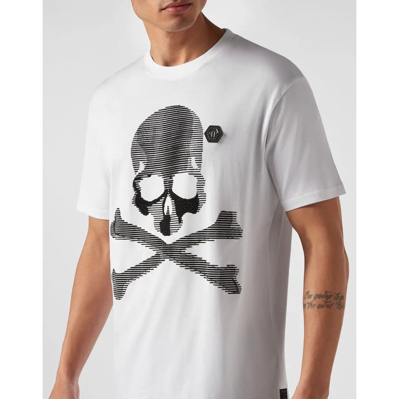 Philipp Plein men white short-sleeved t-shirt with bold black textured skull and crossbones graphic design