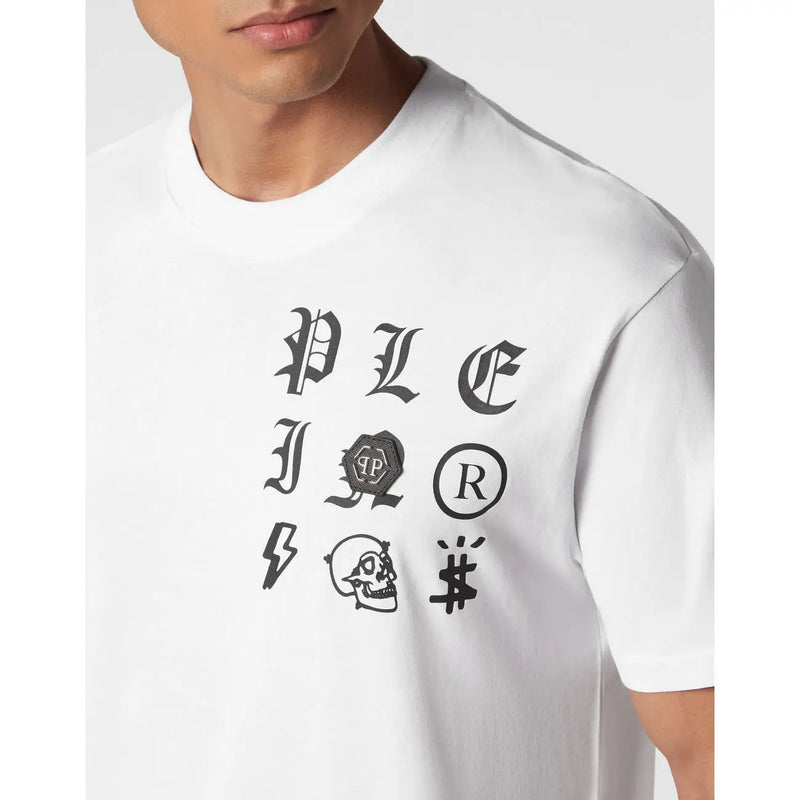 White cotton Philipp Plein men t shirt with bold black gothic pils graphic and skull and lightning bolt symbols