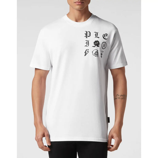 White short-sleeved cotton t-shirt by Philipp Plein with black gothic lettering and graphic symbols on the chest