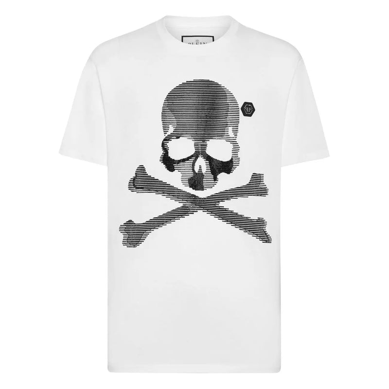 White short-sleeved Philipp Plein men t-shirt with bold black skull and crossbones textured graphic design