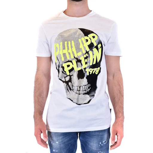 Weiße Philipp Plein Männer t-shirt mit einem auffälligen Totenkopfmotiv, schwarzen und silbernen Pailletten und neongelber Schrift